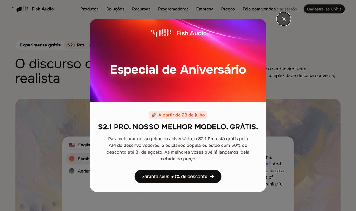Tela inicial do Fish Audio, com a chamada "O discurso de IA mais realista"