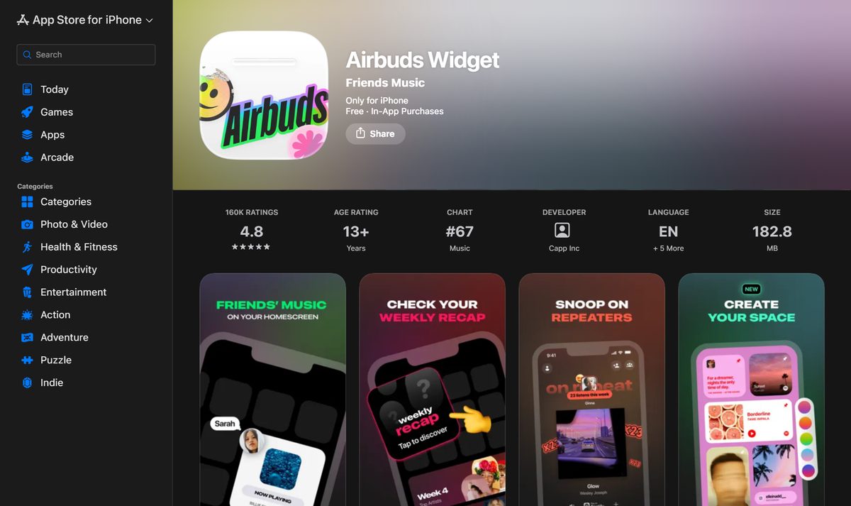 Tela inicial do Airbuds, com a chamada "I cannot describe how MUCH I love this app"