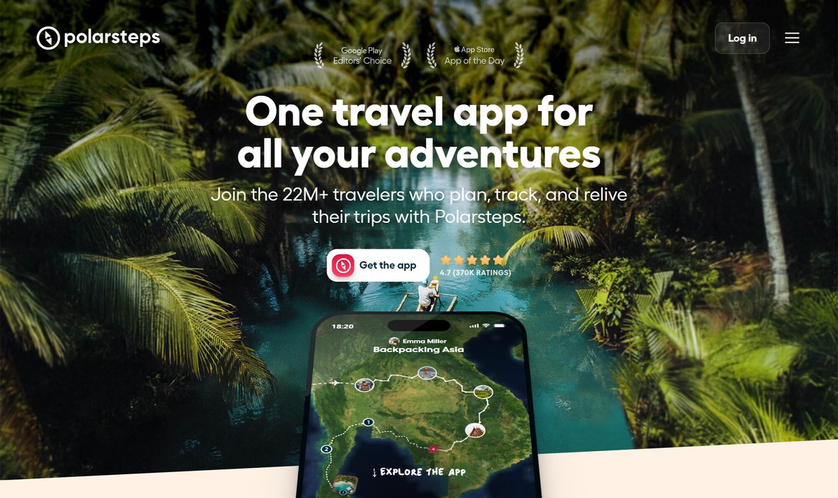 Tela inicial do Polarsteps, com a chamada "One travel app for all your adventures"