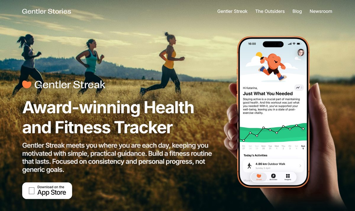 Tela inicial do Gentler Streak, com a chamada "Award-winning Health and Fitness Tracker"