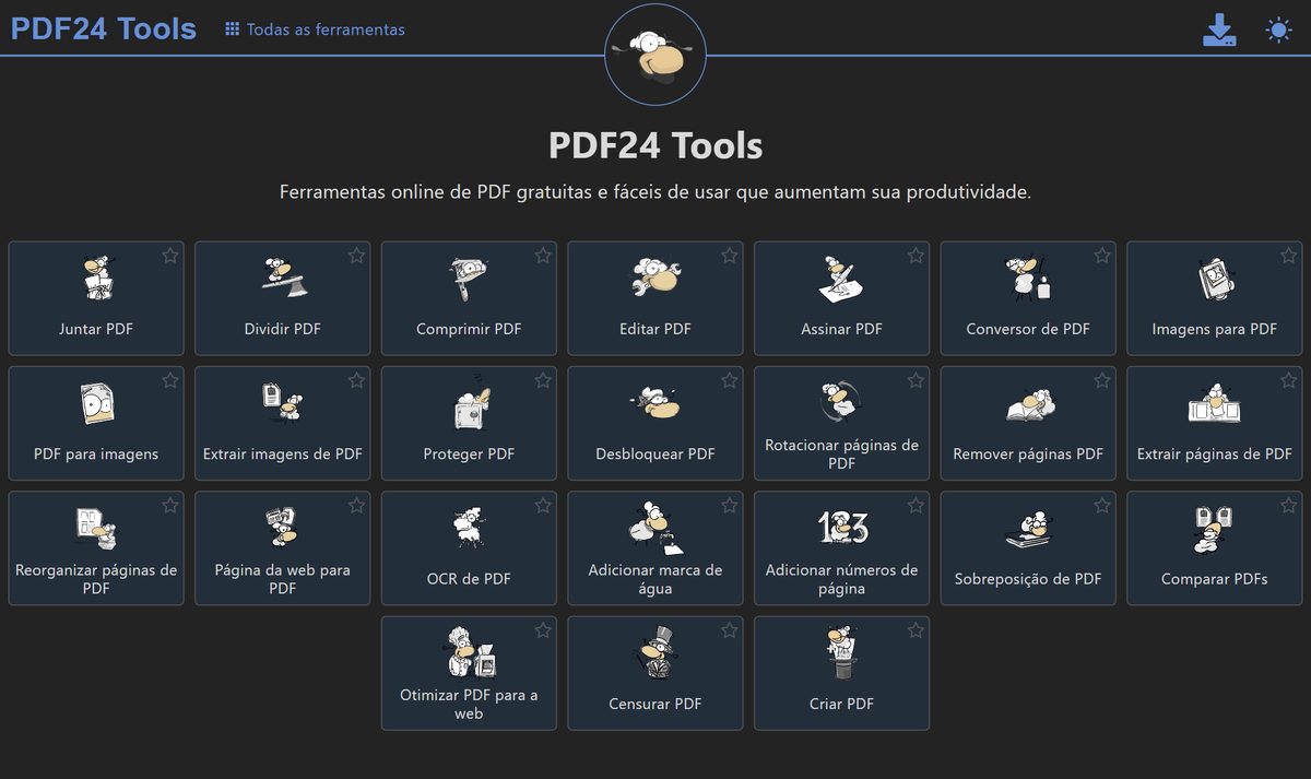 Tela do PDF24 Tools em português, com a grade de ferramentas de PDF: juntar, dividir, comprimir, editar, assinar, converter e OCR