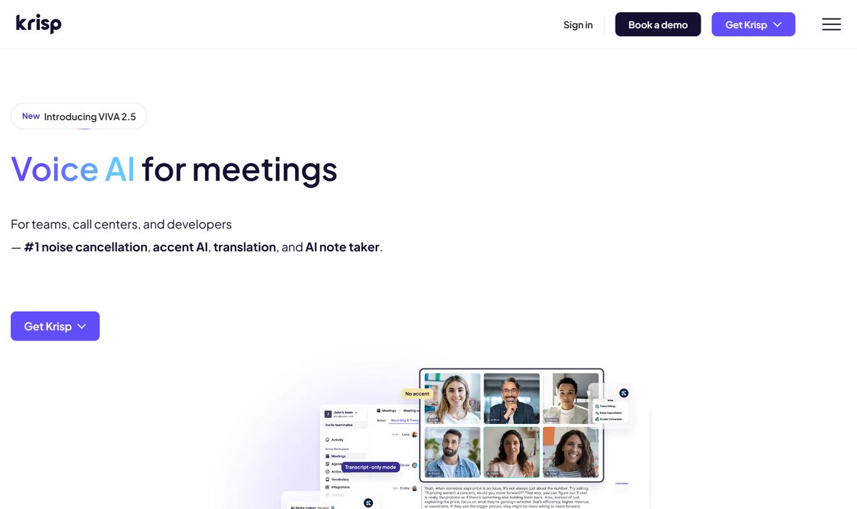Página do Krisp com a chamada Voice AI for meetings e a ilustração de uma videochamada com cancelamento de ruído e transcrição ao lado