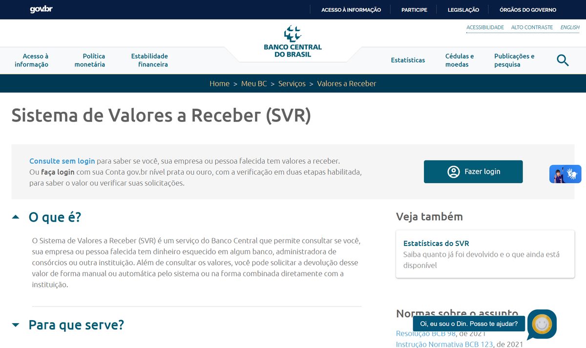 Tela inicial do Valores a Receber, com a chamada "Banco Central do Brasil"