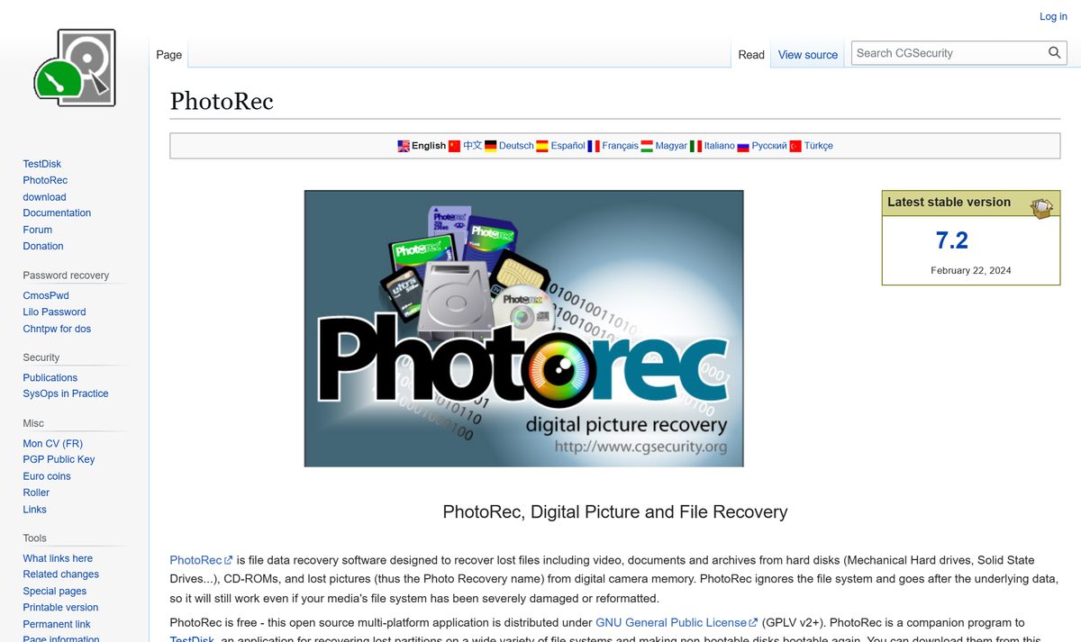Tela inicial do PhotoRec, com a chamada "Digital Picture and File Recovery"