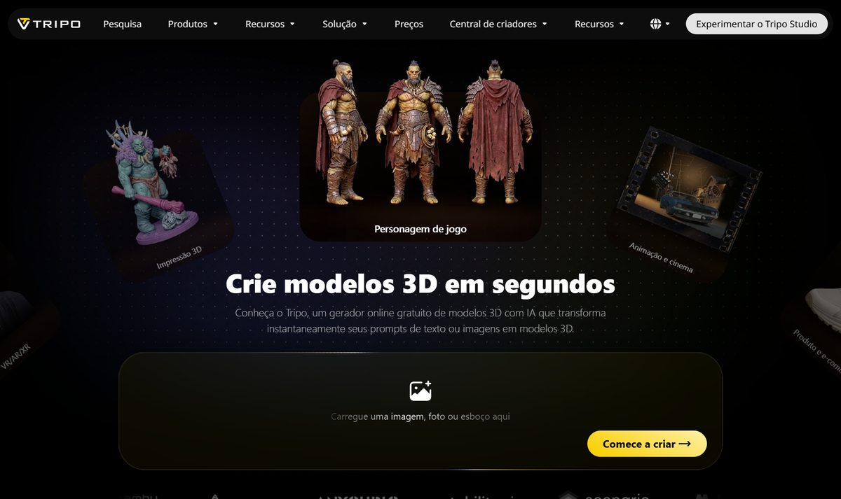 Página do Tripo3D em português, com a chamada "Crie modelos 3D em segundos" e exemplos de personagens gerados em volta
