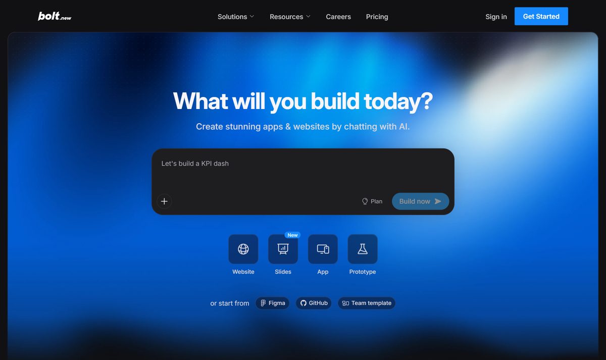 Tela inicial do Bolt.new, com a chamada "What will you build today?"
