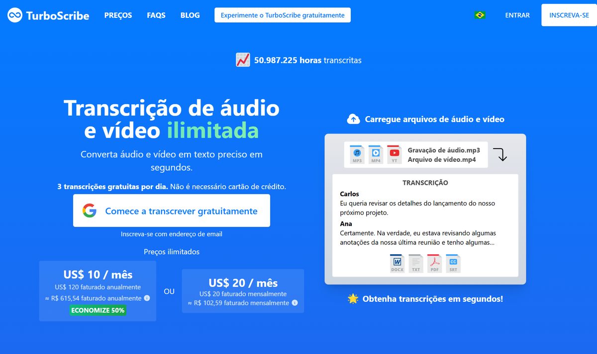 Página do TurboScribe em português, com a chamada de transcrição ilimitada, o aviso de 3 transcrições grátis por dia e um exemplo de transcrição