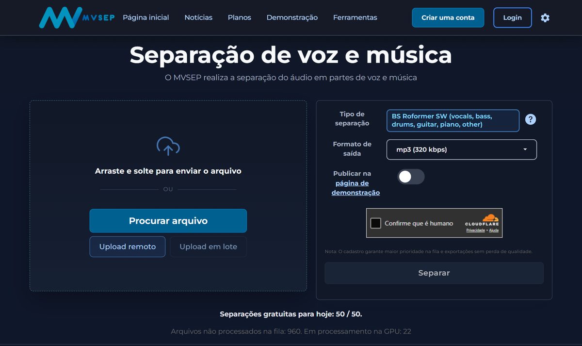 Tela inicial do MVSEP, com a chamada "Separação de voz e música"
