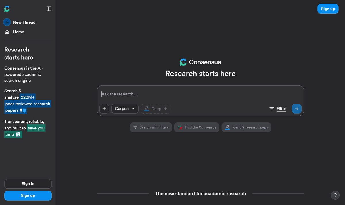 Tela inicial do Consensus, com a chamada "Consensus: AI for Research"