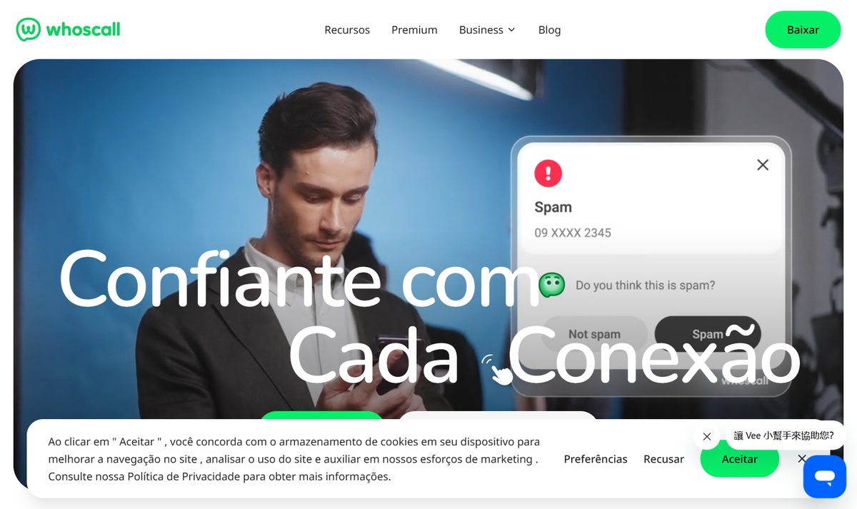 Tela inicial do Whoscall, com a chamada "Whoscall: Proteção contra Golpes com IA e Identificador de Chamadas para Conexões Mais Seguras"