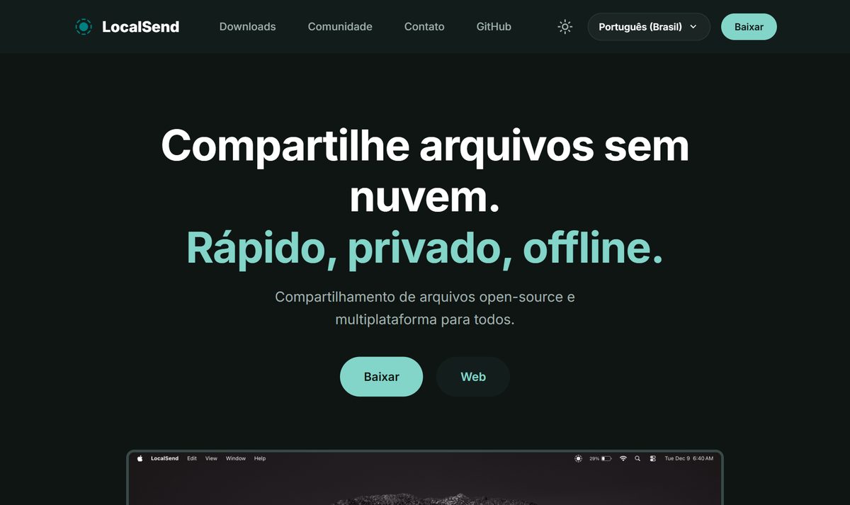 Tela inicial do LocalSend, com a chamada "Share files without the cloud. Fast, private, offline."