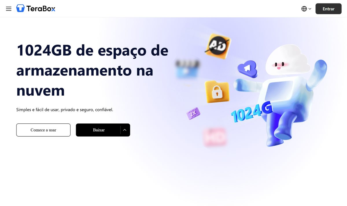 Tela inicial do Terabox, com a chamada "TeraBox"