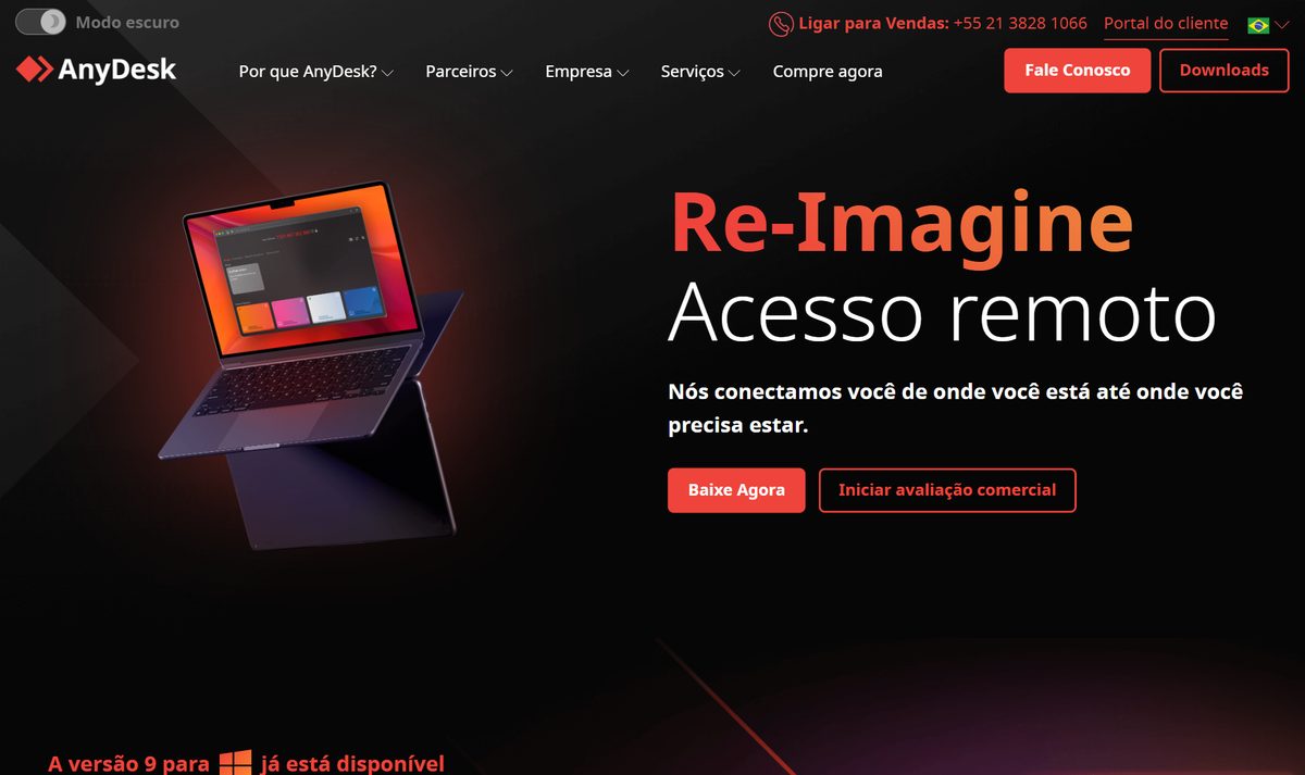 Página do AnyDesk em português, com a chamada "Re-Imagine Acesso remoto" e um notebook mostrando a tela de acesso remoto