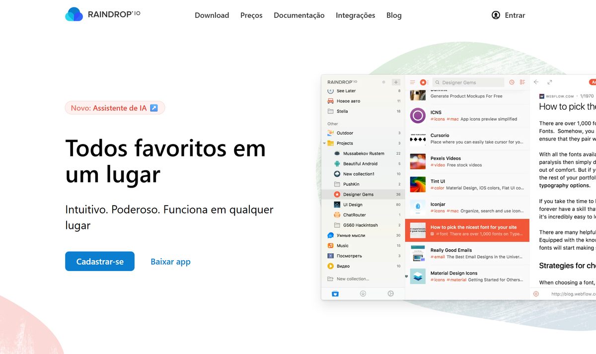 Tela inicial do Raindrop.io, com a chamada "Todos favoritos em um lugar"
