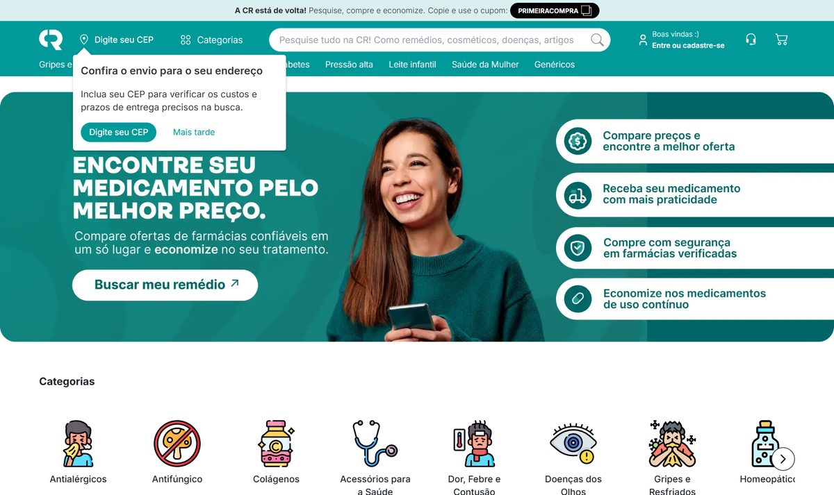 Tela inicial do Consulta Remédios, com a chamada "Consulta Rémedios"