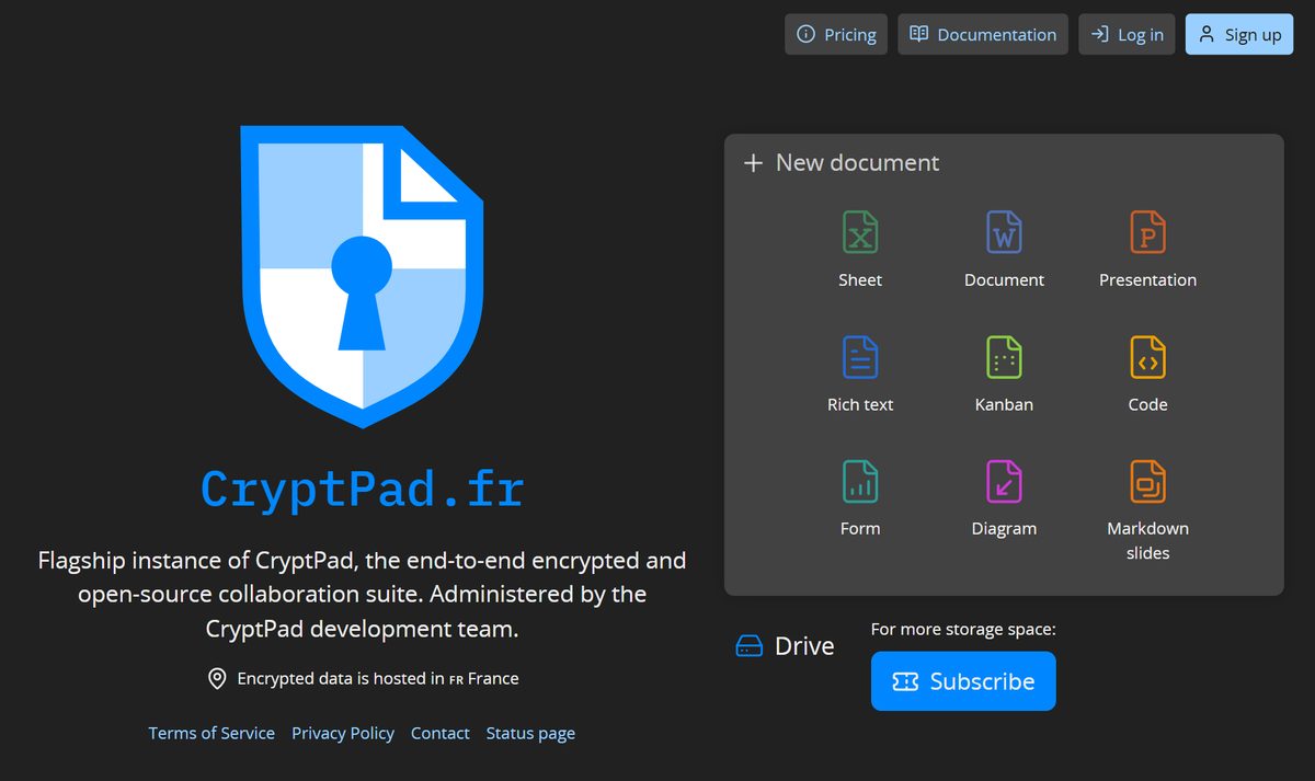 Tela inicial do CryptPad, com a chamada "CryptPad: Collaboration suite, encrypted and open"