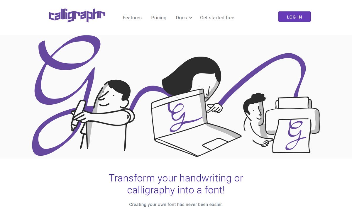 Tela inicial do Calligraphr, com a chamada "Transform your handwriting or calligraphy into a font!"