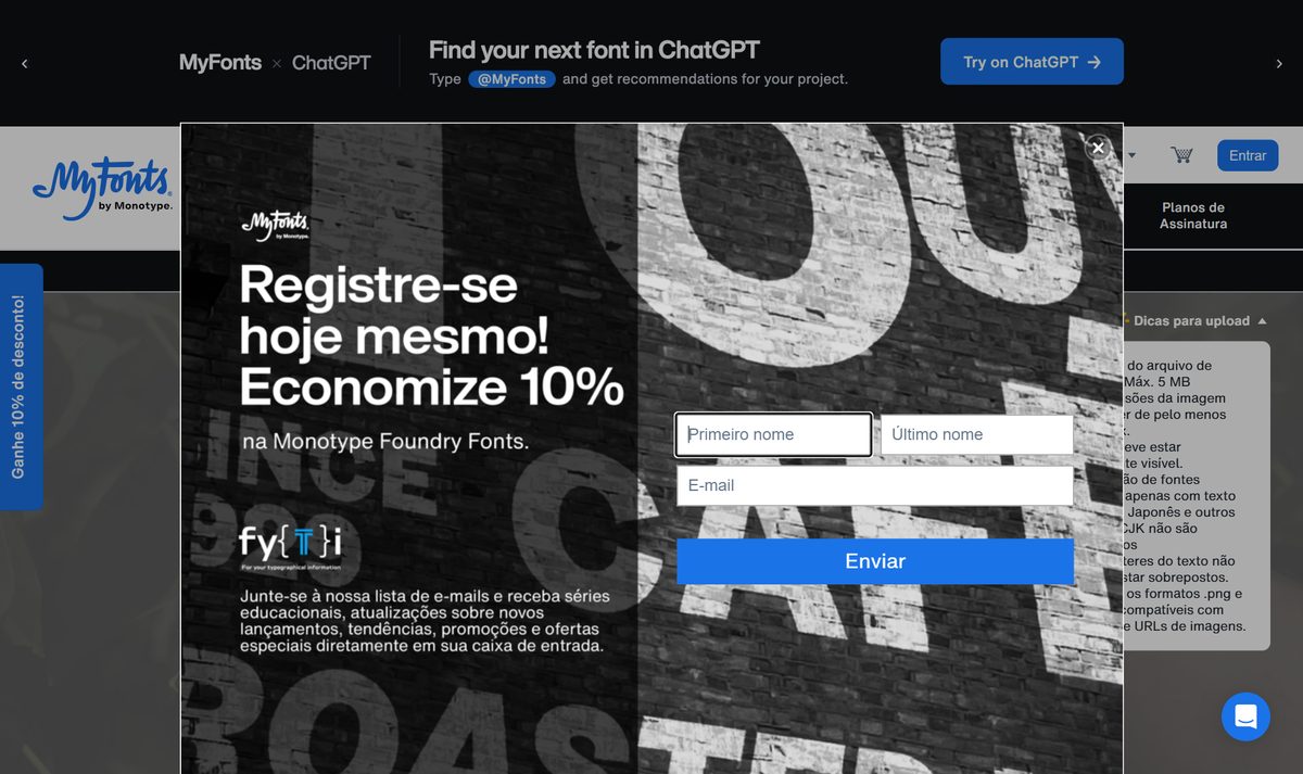Tela inicial do WhatTheFont, com a chamada "WhatTheFont Font Finder"