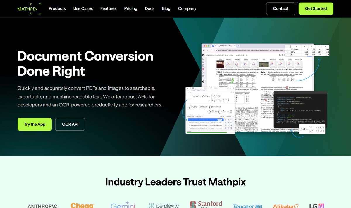 Tela inicial do Mathpix Snip, com a chamada "Document Conversion Done Right"