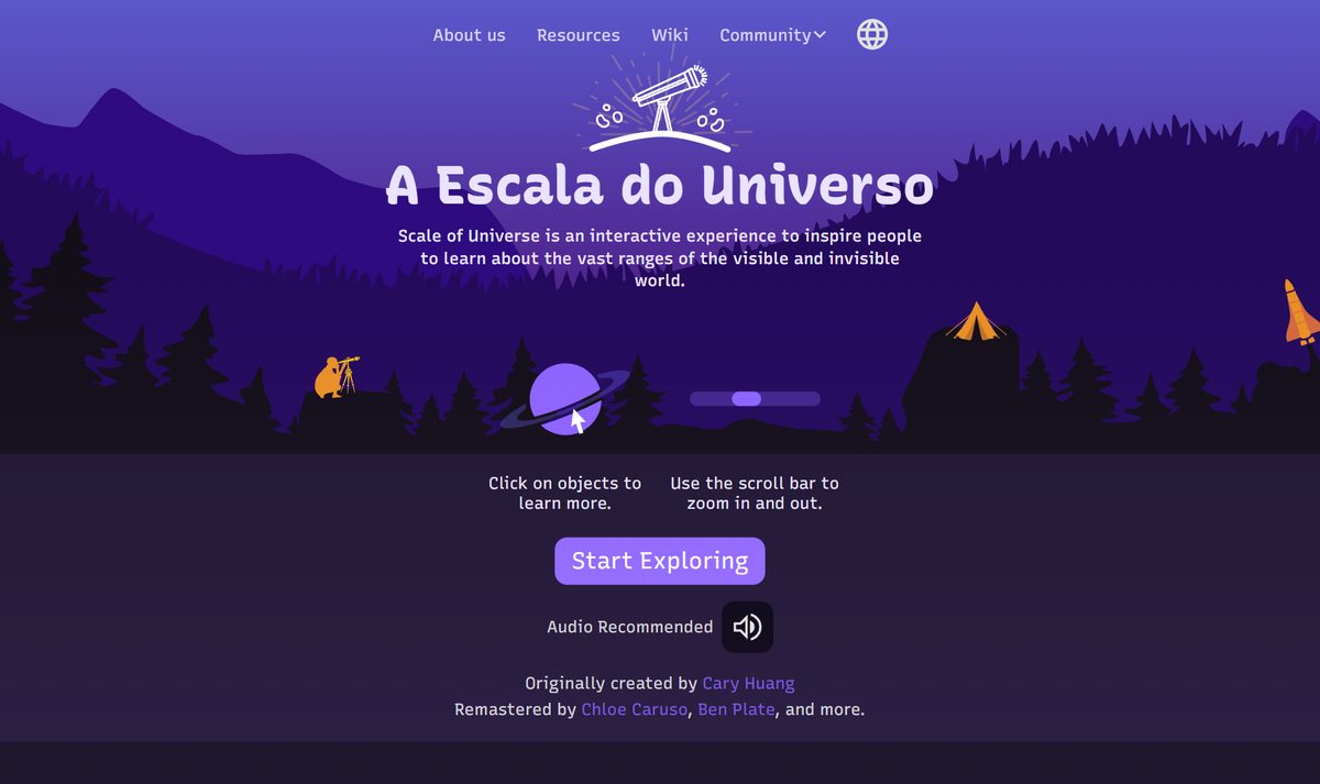 Tela inicial do Scale of the Universe, com a chamada "Scale of the Universe"