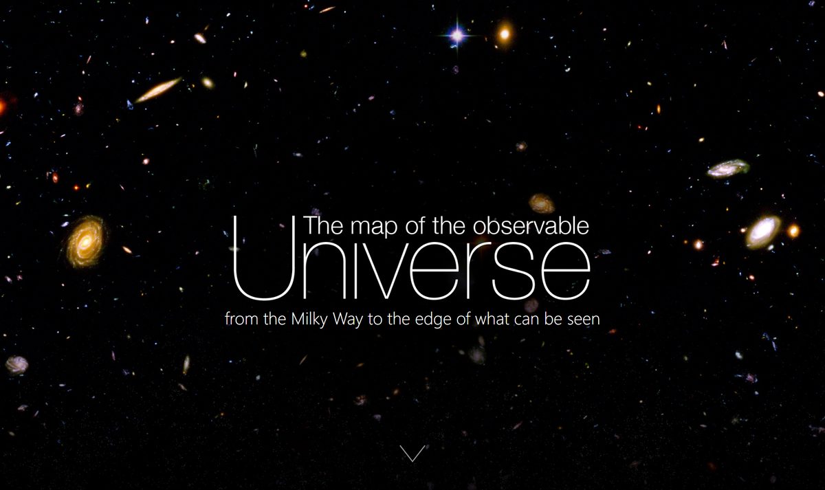 Tela inicial do Map of the Universe, com a chamada "from the Milky Way to the edge of what can be seen"