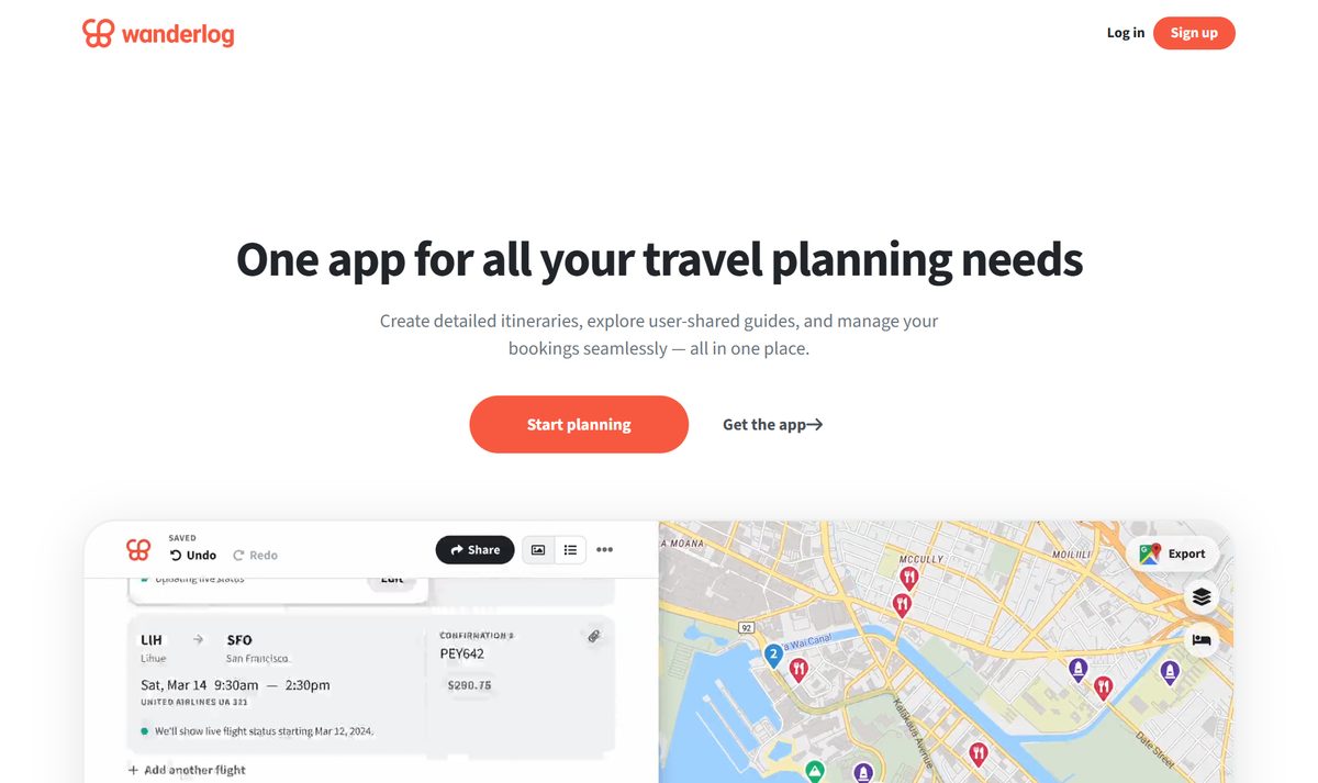 Tela inicial do Wanderlog, com a chamada "One app for all your travel planning needs"