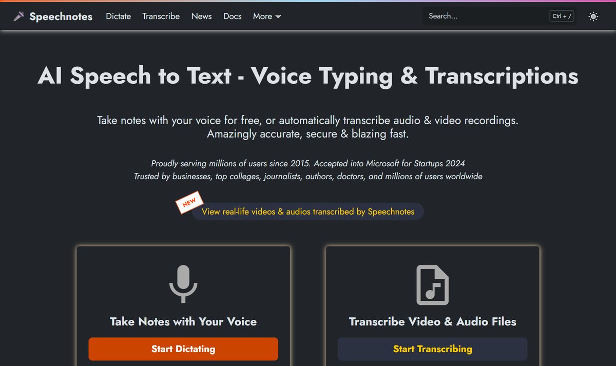 Tela inicial do Speechnotes, com a chamada "AI Speech to Text - Voice Typing & Transcriptions"