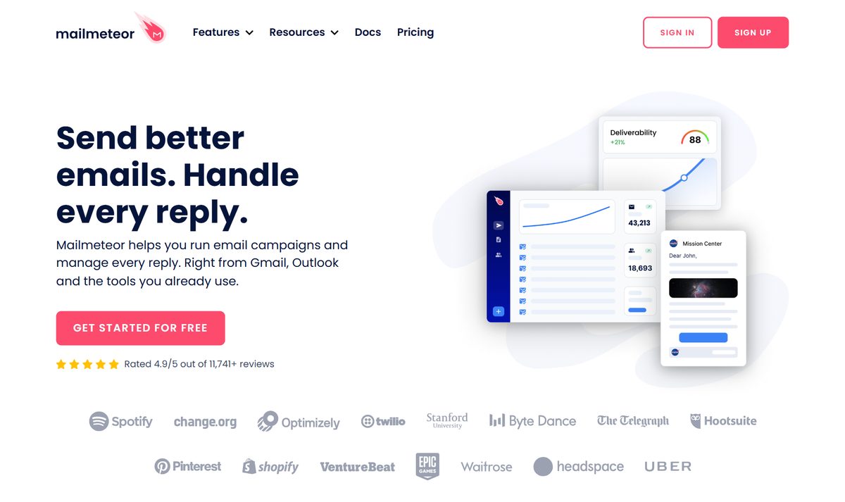 Tela inicial do Mailmeteor, com a chamada "Send better emails. Handle every reply."