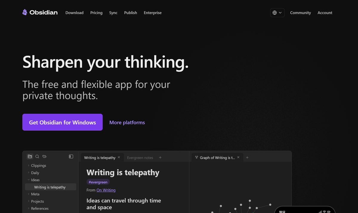 Tela inicial do Obsidian, com a chamada "Sharpen your thinking."