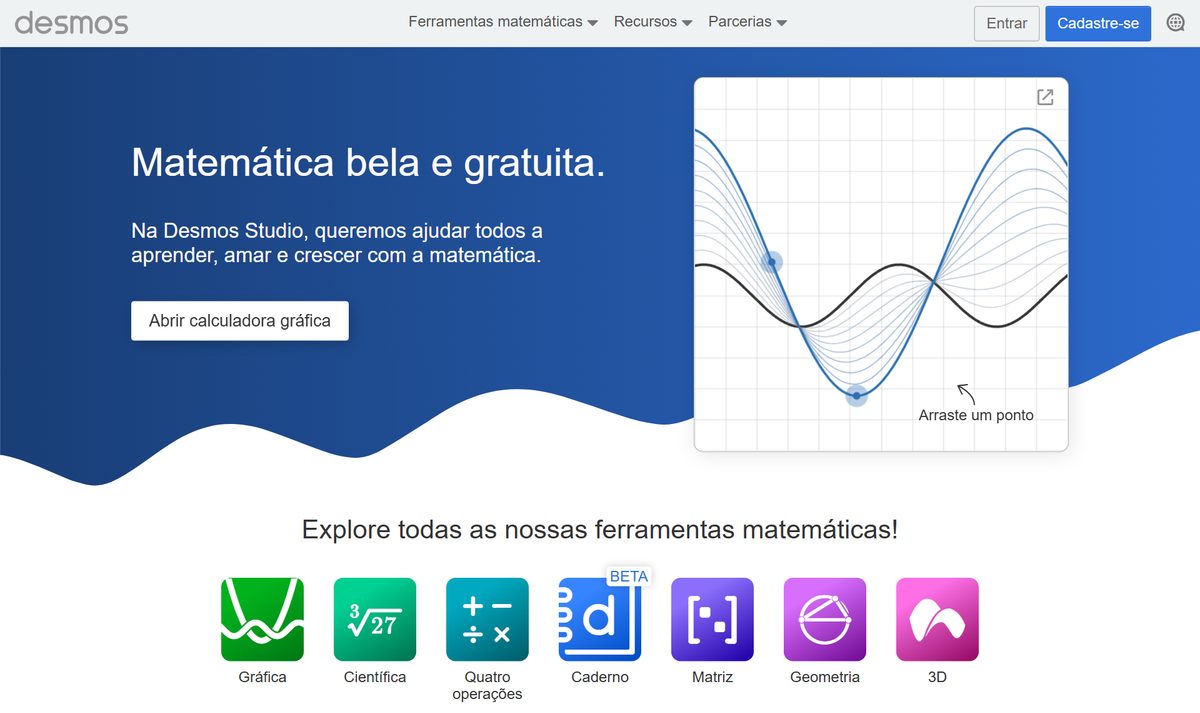 Tela inicial do Desmos, com a chamada "Desmos"