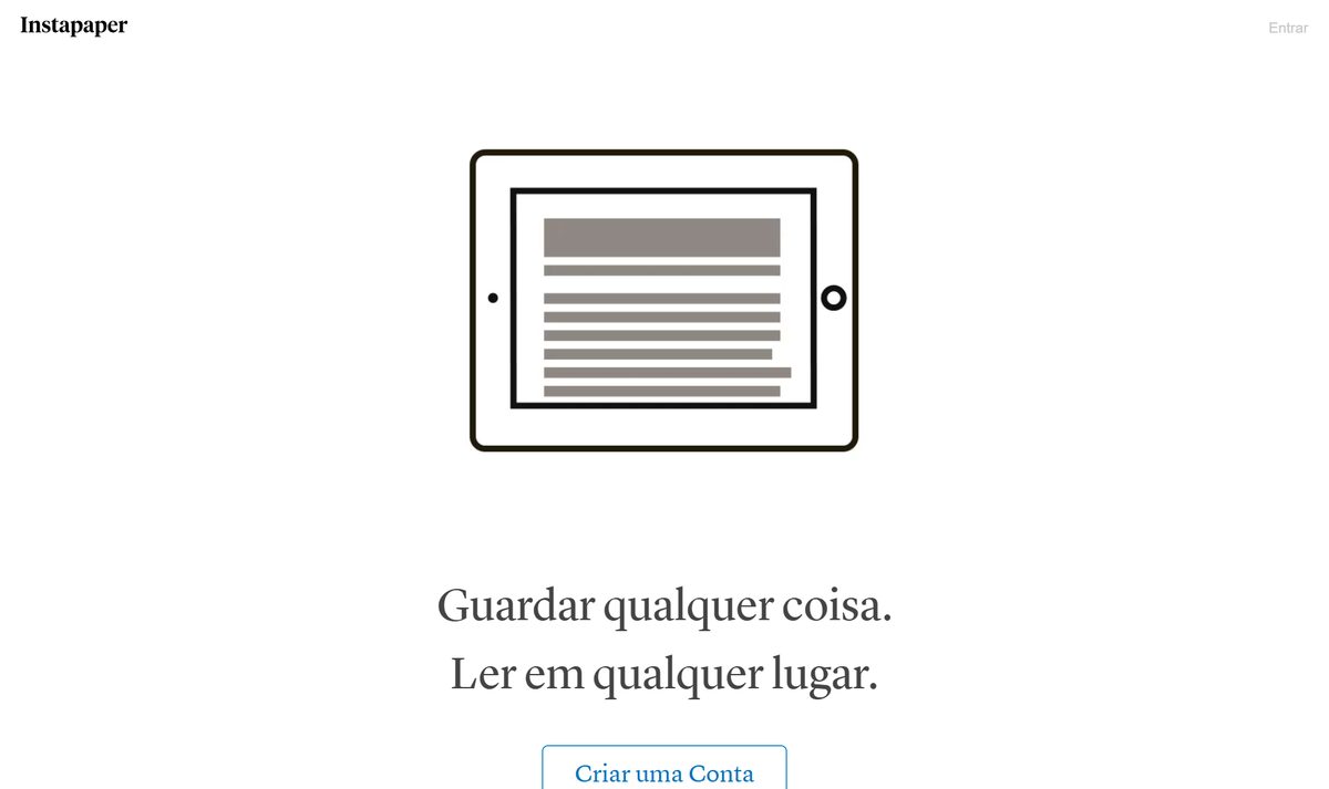 Tela inicial do Instapaper, com a chamada "Instapaper"