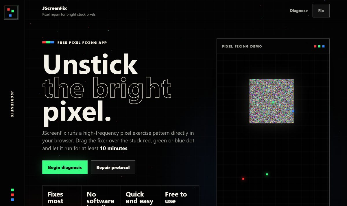 Tela inicial do JScreenFix, com a chamada "Unstick the bright pixel."