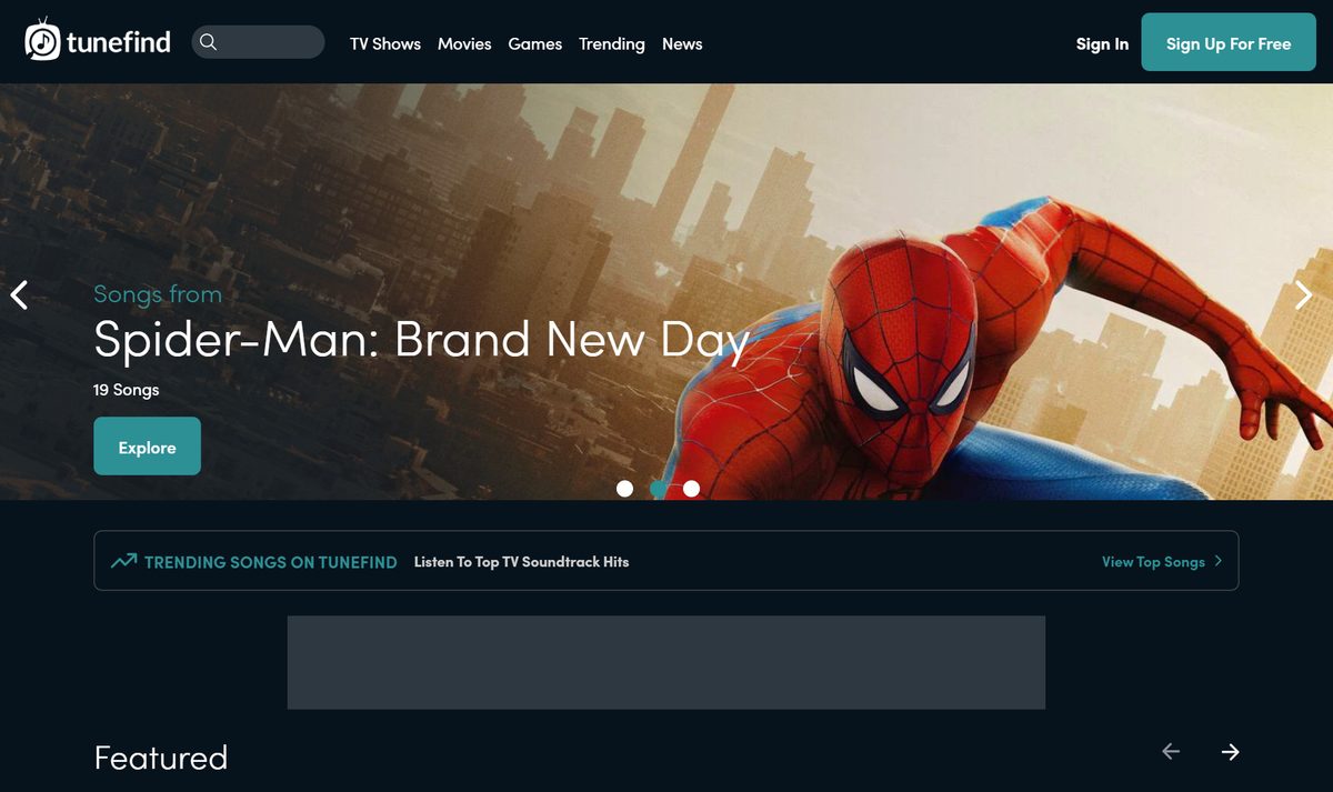 Página do Tunefind com o destaque das músicas de um filme e o menu de séries, filmes e jogos