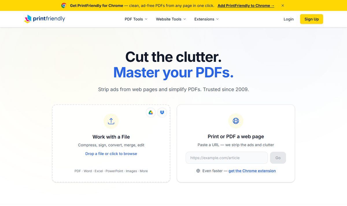 Página do PrintFriendly com a chamada "Cut the clutter. Master your PDFs" e as duas caixas para subir um arquivo ou colar o link de uma página