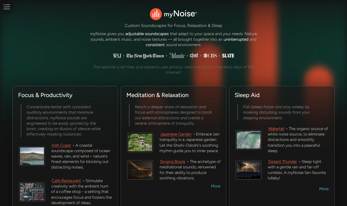 Tela inicial do myNoise, com a chamada "Focus & Productivity"