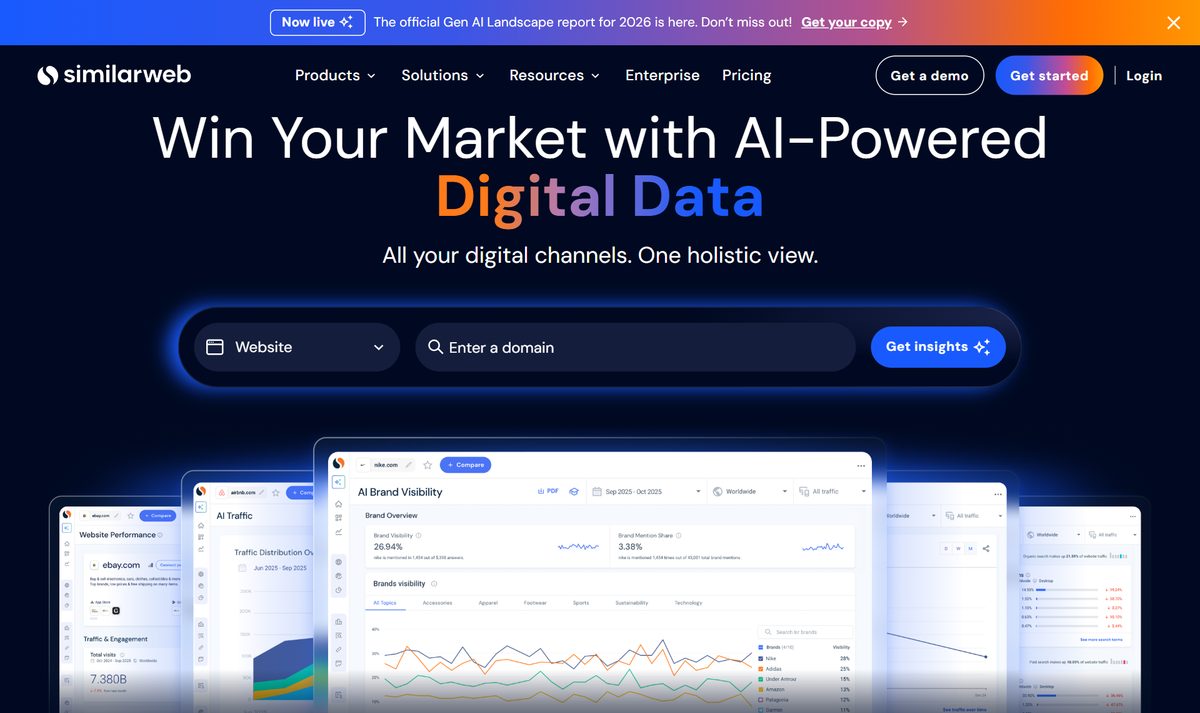 Tela inicial do Similarweb, com a chamada "Win Your Market with AI-Powered Digital Data"