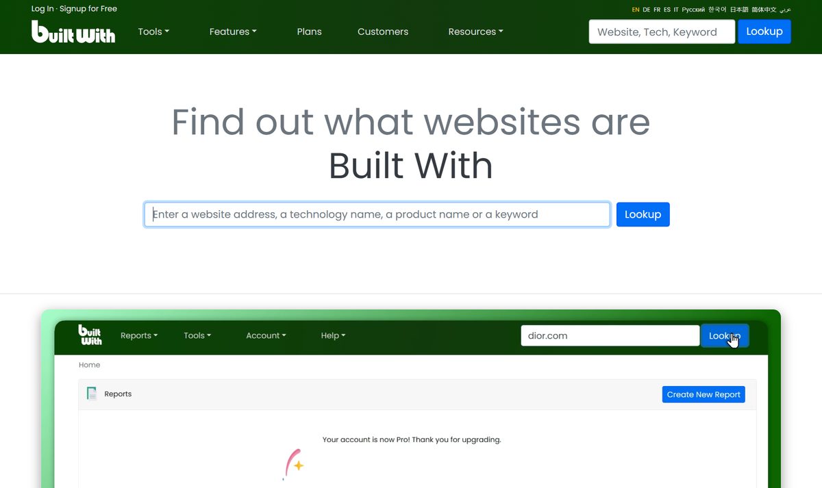 Tela inicial do BuiltWith, com a chamada "Find out what websites are Built With"