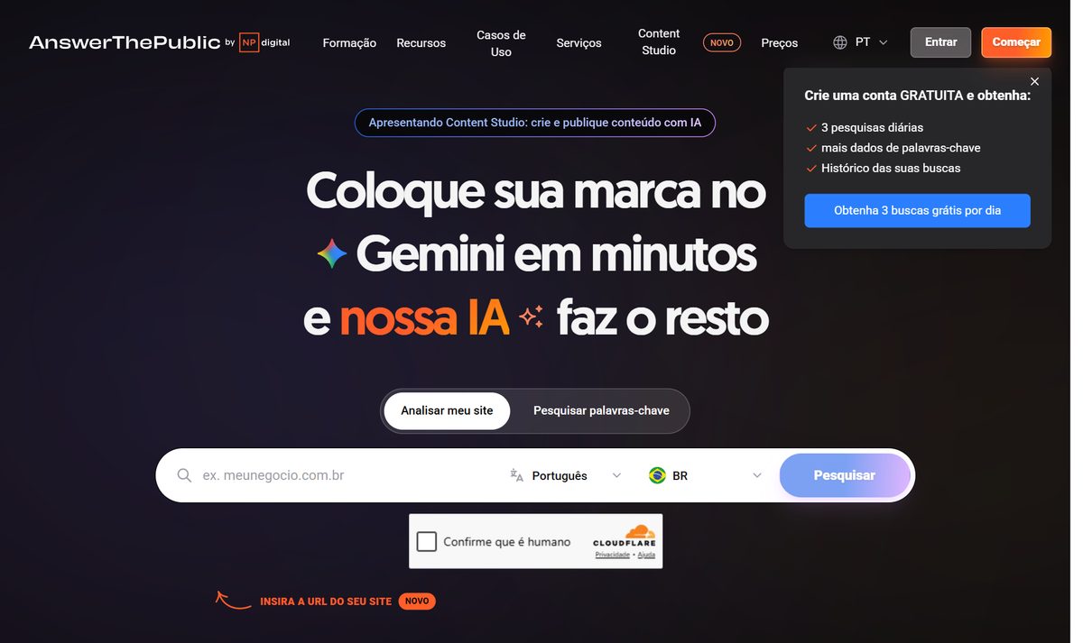 Tela inicial do AnswerThePublic, com a chamada "AnswerThePublic por Neil Patel: Pesquisa de palavras"
