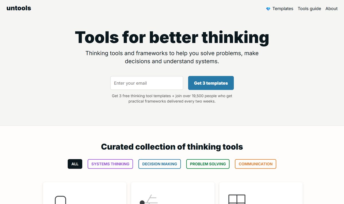 Tela inicial do UnTools, com a chamada "Tools for better thinking"