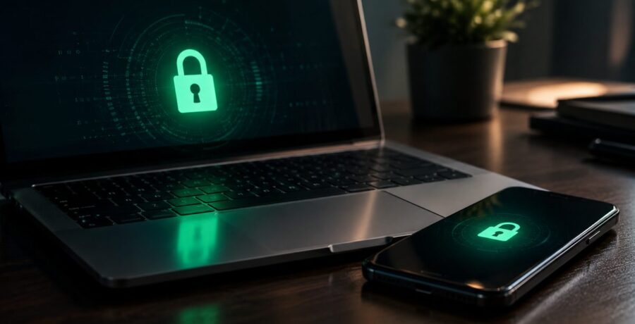 Notebook e celular sobre uma mesa com um cadeado verde brilhando na tela, simbolizando privacidade digital