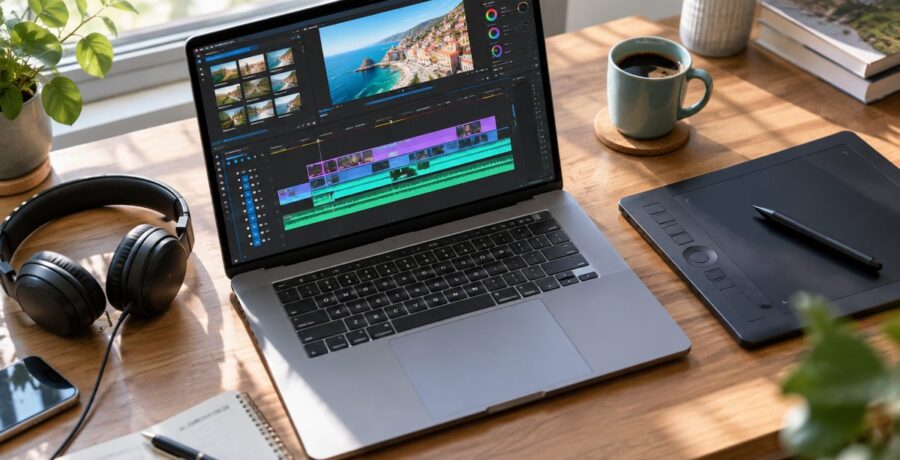 Mesa de trabalho com notebook mostrando linha do tempo de edição de vídeo