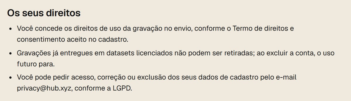 Trecho oficial da Hub sobre os direitos do vídeo: gravação já entregue não pode ser retirada