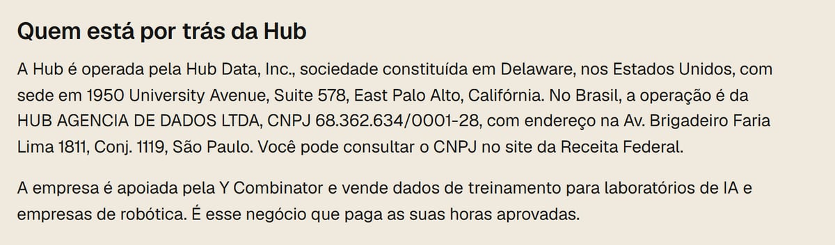 Trecho do site oficial da Hub com a empresa nos Estados Unidos e o CNPJ 68.362.634/0001-28 da operação no Brasil