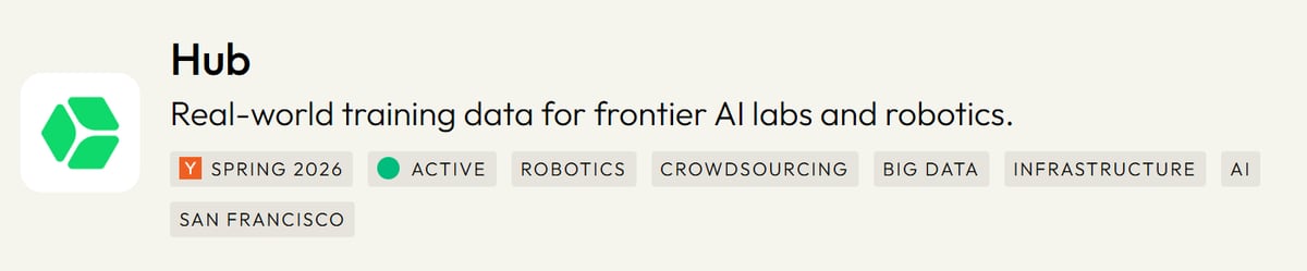 Página da Hub no site da Y Combinator, turma Spring 2026, status ativa, em San Francisco