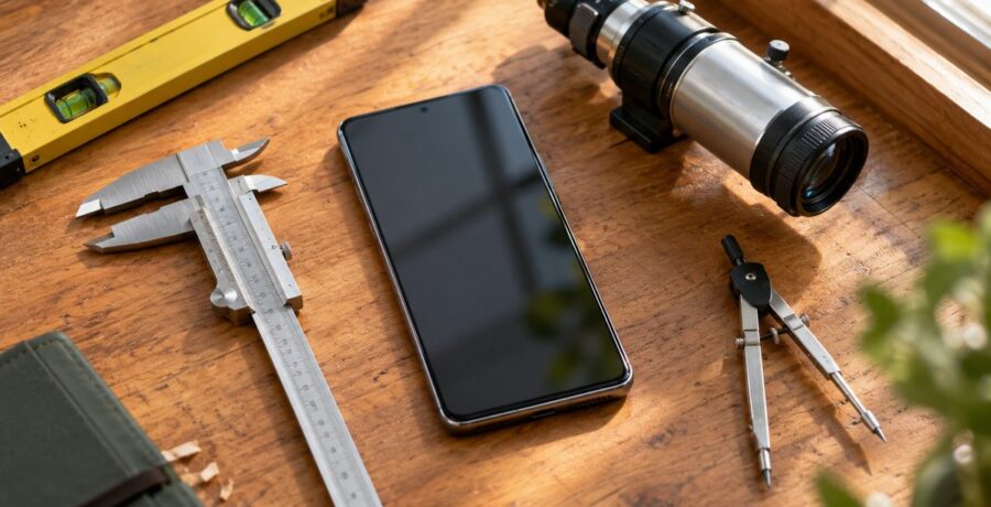 Celular sobre bancada de madeira cercado por instrumentos de medição reais