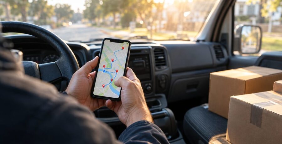 Motorista segurando celular com mapa de rota e vários pontos marcados dentro do carro de entregas